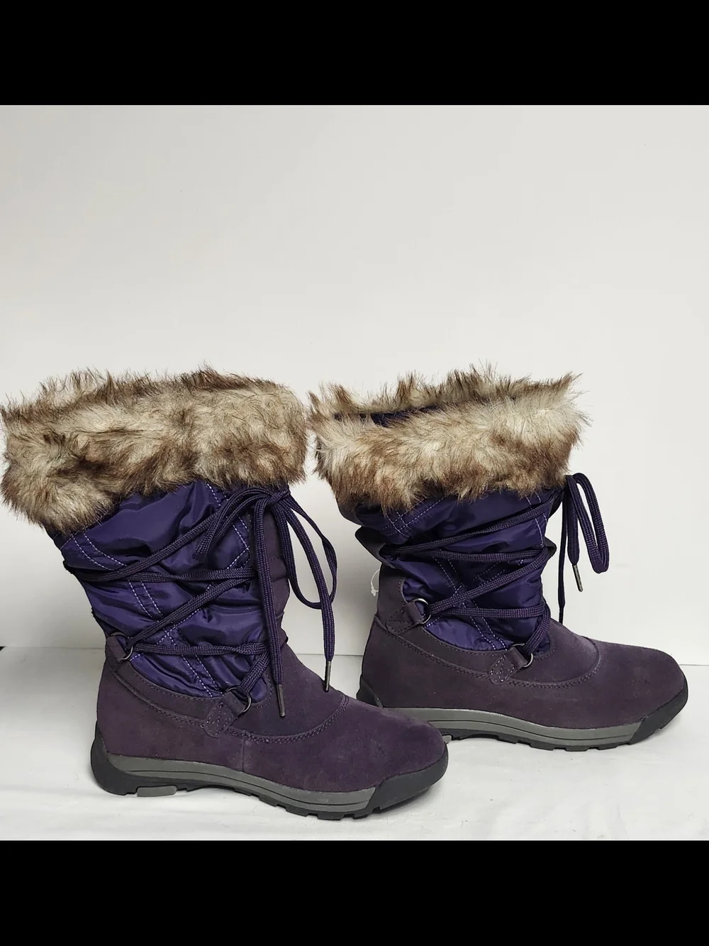 Lands' End Woman Suede Lace up Winter Boots Purple Color Faux Trim Size 6 1/2